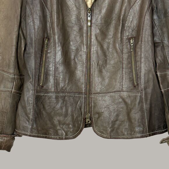 Tribal Leather Full Zip Collared Jacket Brown Women 8 Zip Pockets Leather Cuffed - Picture 8 of 11